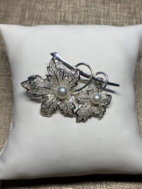 Vintage Sterling Silver Germany Maple Leaf Brooch w/ Pearl Filigree